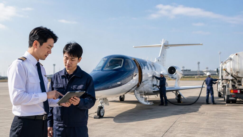 ホンダジェットの維持費や燃料費を確認する日本人パイロットと整備スタッフ