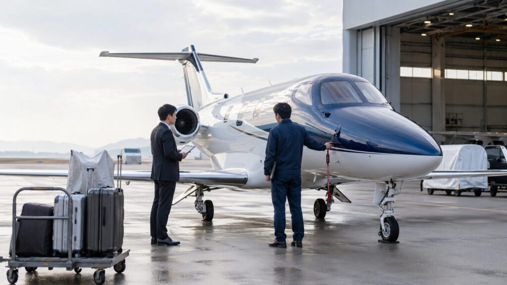 ホンダジェットの輸入や登録費用を確認する日本人スタッフと空港に駐機する小型ジェット