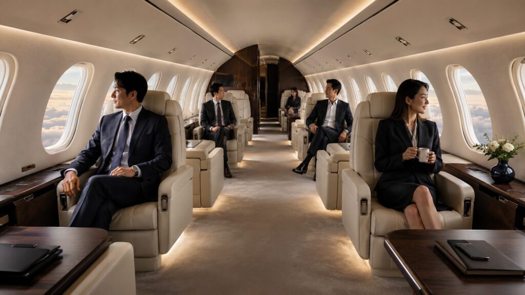 HondaJet Echelonをイメージした広い次世代ビジネスジェット機内で日本人乗客がゆったり座る様子