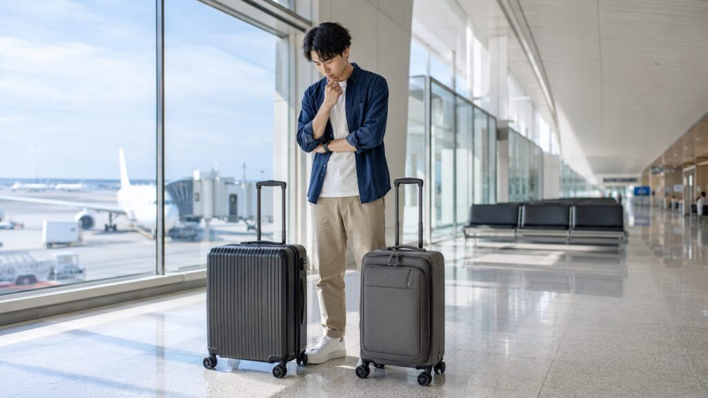 空港で日本人男性が2種類の機内持ち込みスーツケースを比較して選ぶ様子