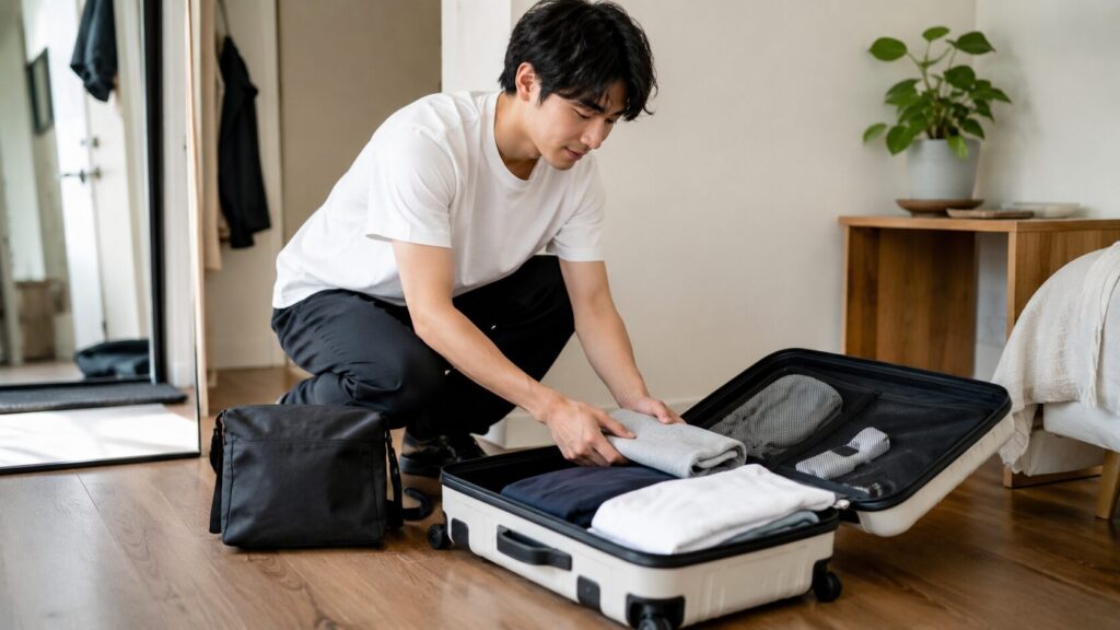 日本人男性が軽量の機内持ち込みスーツケースに荷物を整理して詰める様子