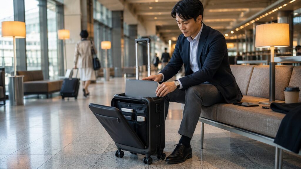 空港ラウンジで日本人ビジネスマンがフロントオープン型スーツケースからパソコンを取り出す様子
