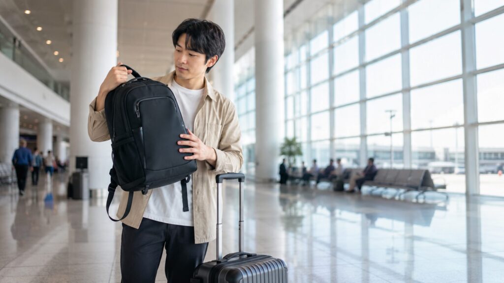 空港で機内持ち込みリュックのサイズを確認する日本人旅行者