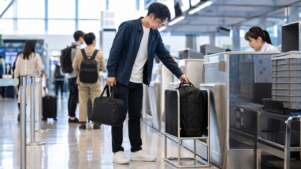空港の手荷物ゲージで機内持ち込みリュックを確認する日本人旅行者