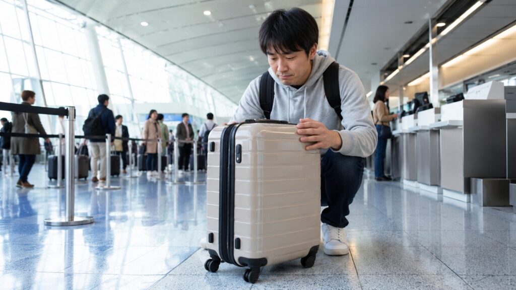 空港で機内持ち込みスーツケースの1cmオーバーを心配する日本人男性