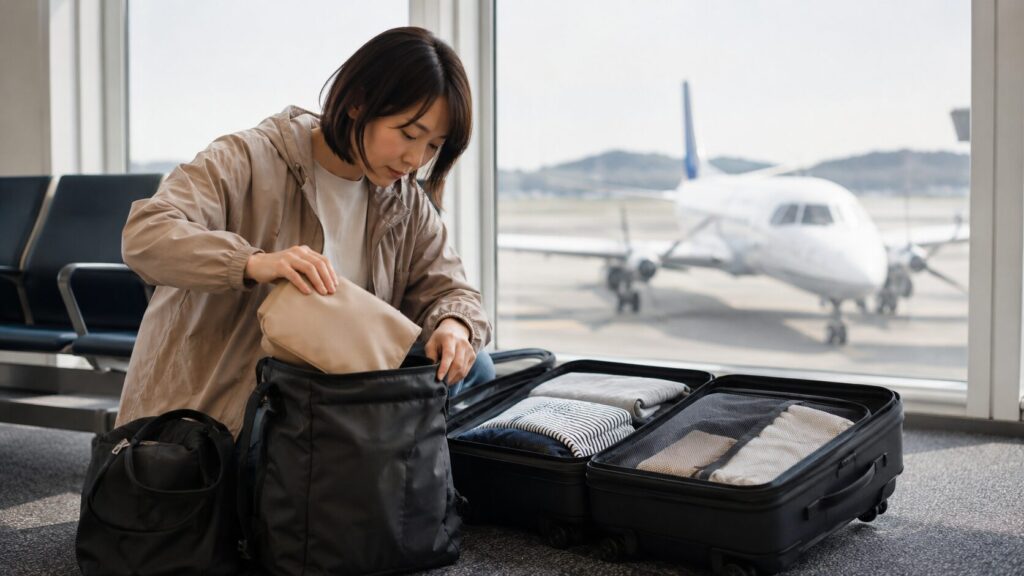 小型機の搭乗前に機内持ち込み荷物を小さなバッグへ詰め替える日本人女性