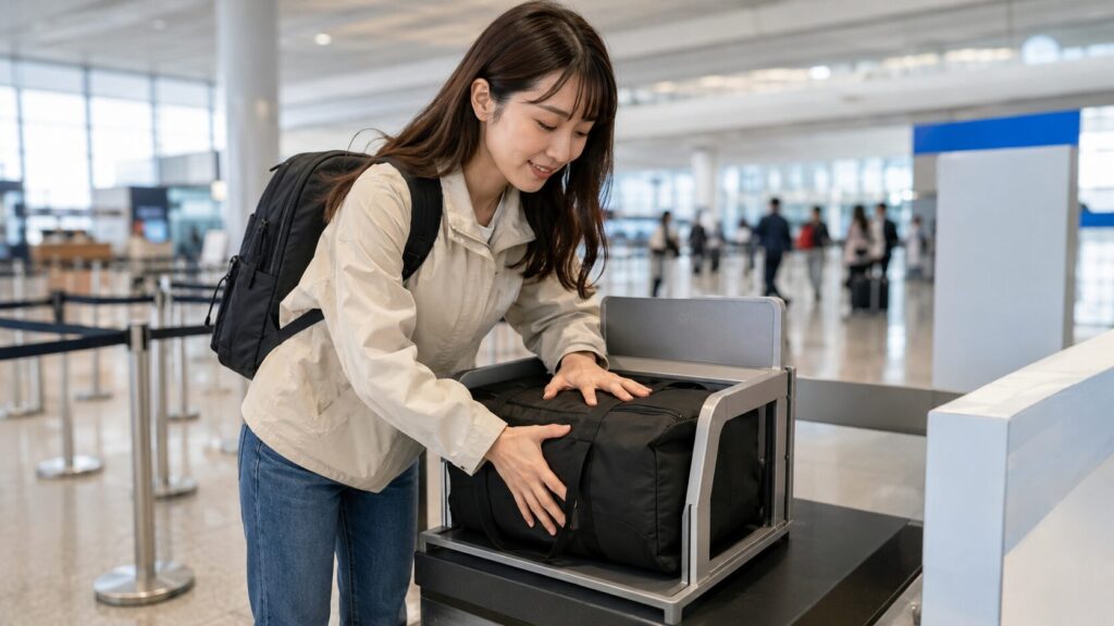 柔らかい機内持ち込みバッグを空港のサイズ確認器へ押し込む日本人女性