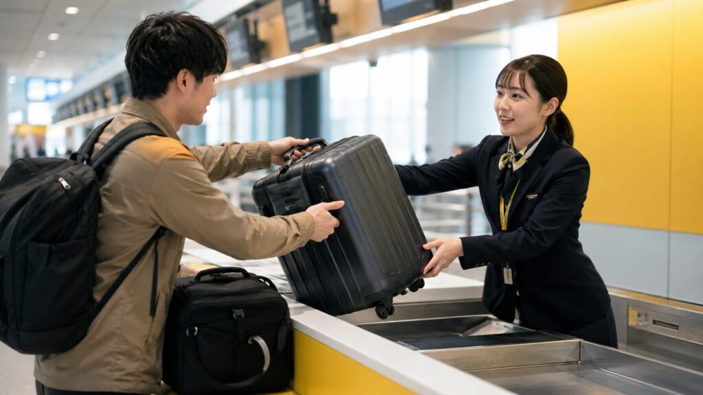 機内持ち込みサイズを超えたスーツケースを空港で預け入れる日本人旅行者
