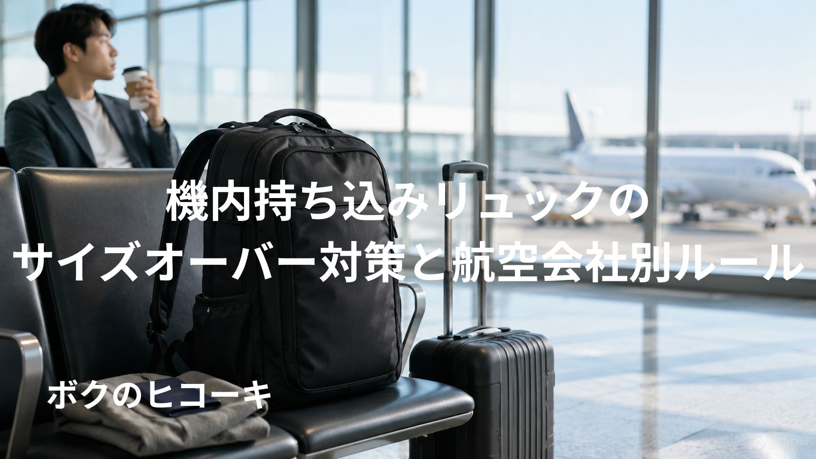 空港の待合席に置かれた機内持ち込みリュックとスーツケース、背景に駐機中の飛行機