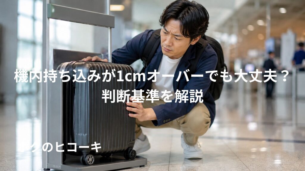 機内持ち込みスーツケースがサイズ確認器に収まるか確認する日本人男性
