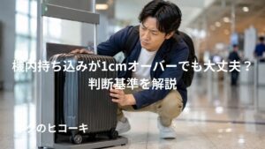 機内持ち込みスーツケースがサイズ確認器に収まるか確認する日本人男性