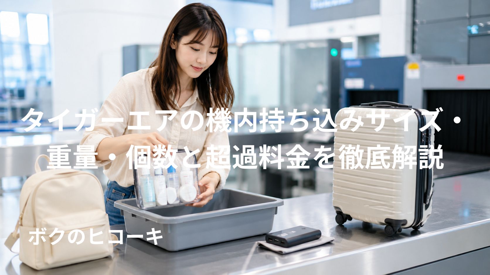 タイガーエア搭乗前の保安検査で液体物とモバイルバッテリーを準備する日本人旅行者