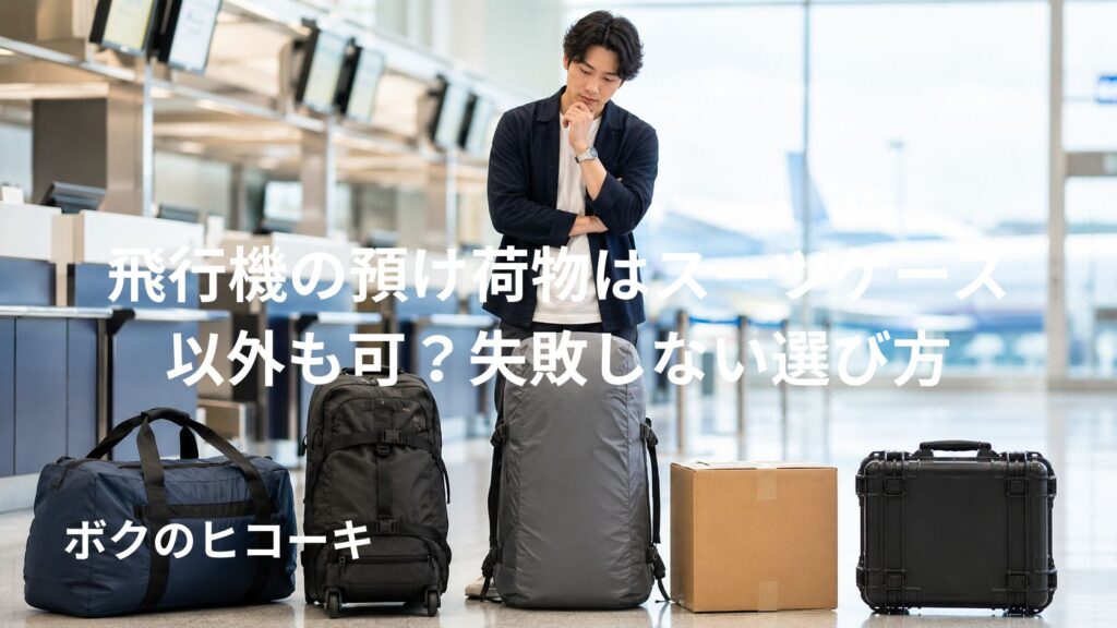 空港チェックイン前で日本人男性がダッフルバッグやリュック、ダンボールなどスーツケース以外の預け荷物を選ぶ様子