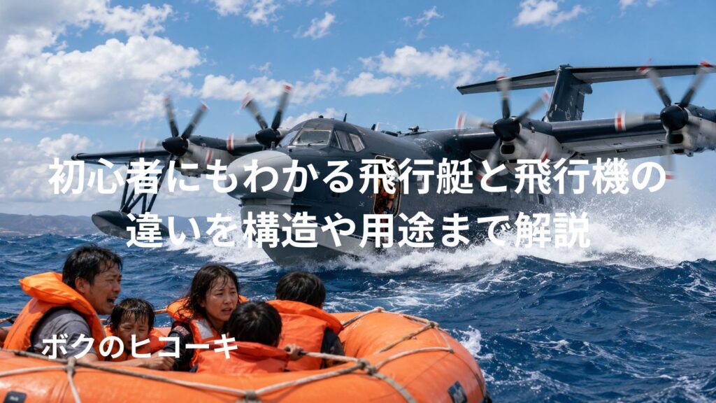 荒れた海で日本人の要救助者を救援する救難飛行艇と救命いかだを描いた海上救助画像