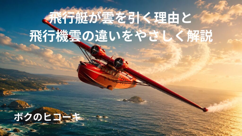 夕暮れの海上を旋回する赤い飛行艇と翼端の白い雲