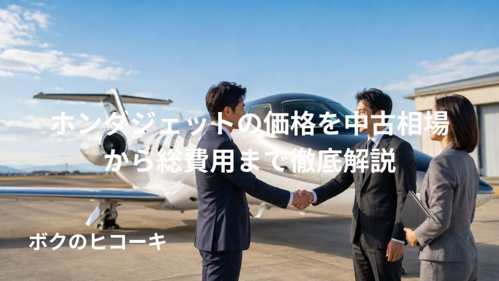 ホンダジェットの残価やリセールを象徴する小型ビジネスジェット前での日本人同士の商談成立