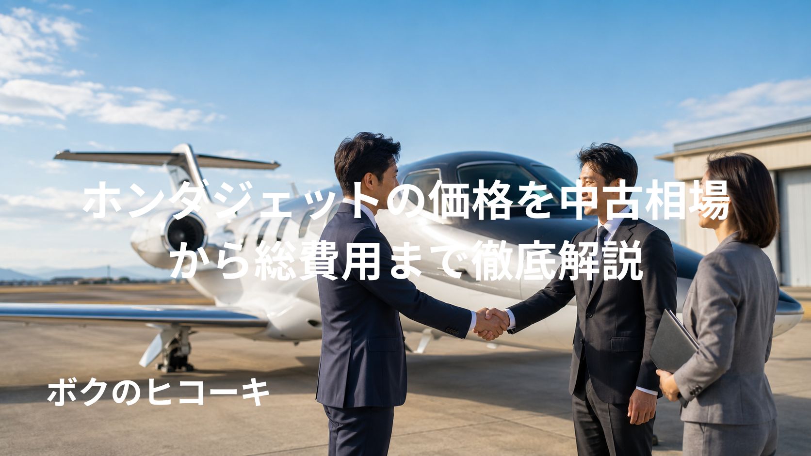 ホンダジェットの残価やリセールを象徴する小型ビジネスジェット前での日本人同士の商談成立