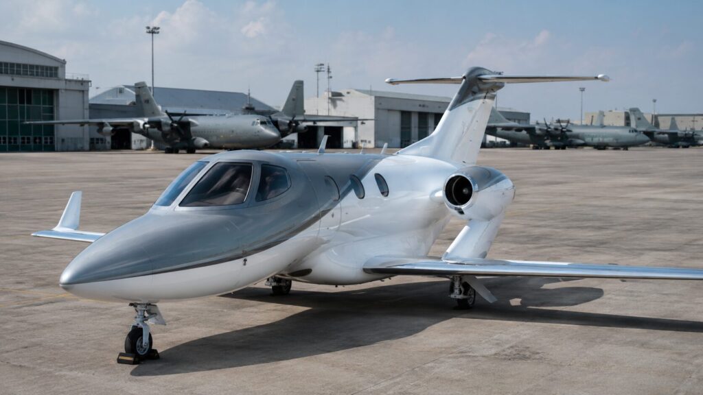 自衛隊基地を思わせる空港で小型ビジネスジェットと軍用支援機を比較するイメージ