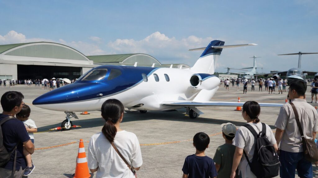 航空自衛隊の基地公開イベントで展示されるホンダジェット風ビジネスジェットと日本人来場者