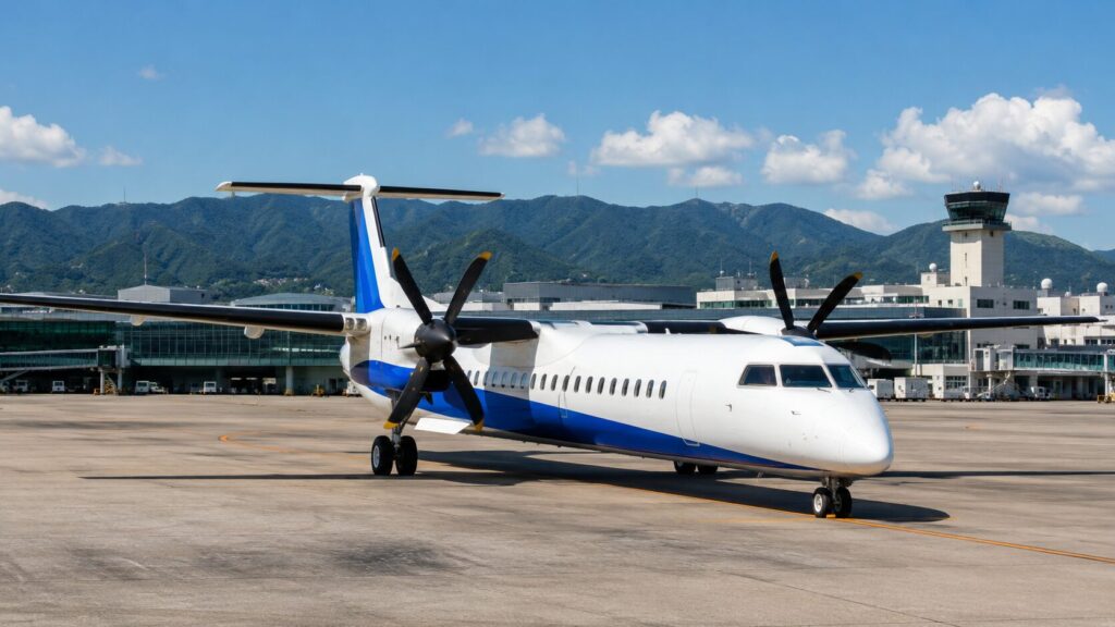 日本の地方空港に駐機するANAのQ400型プロペラ機