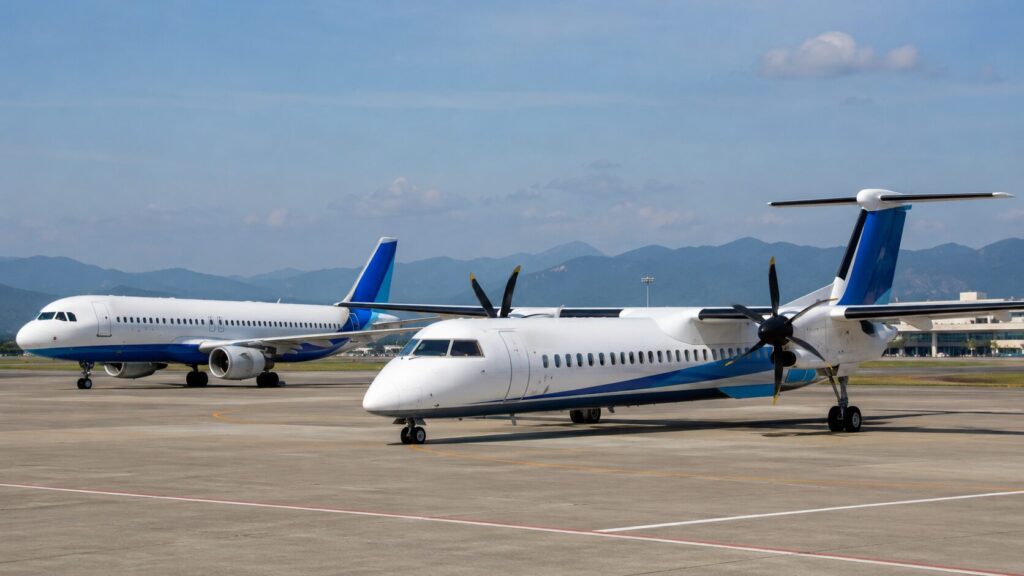 空港に並ぶANAのQ400型プロペラ機とジェット機の比較