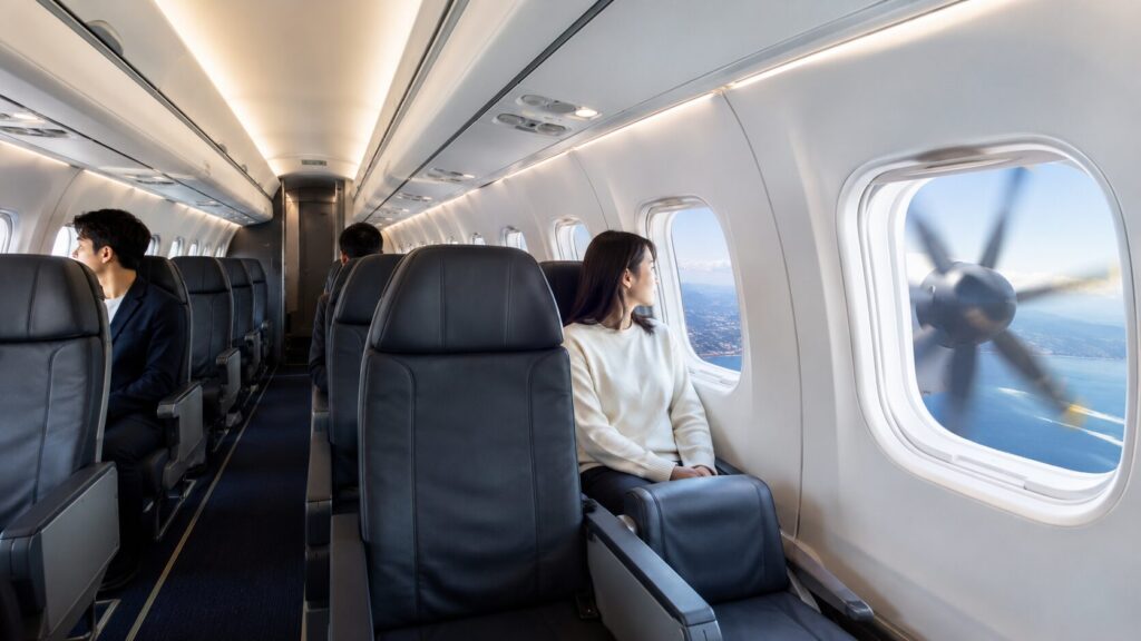 Q400型プロペラ機の客室と窓から見えるプロペラと海岸線