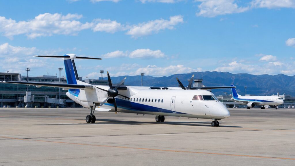 伊丹空港のQ400型プロペラ機と地方路線に混在するジェット機