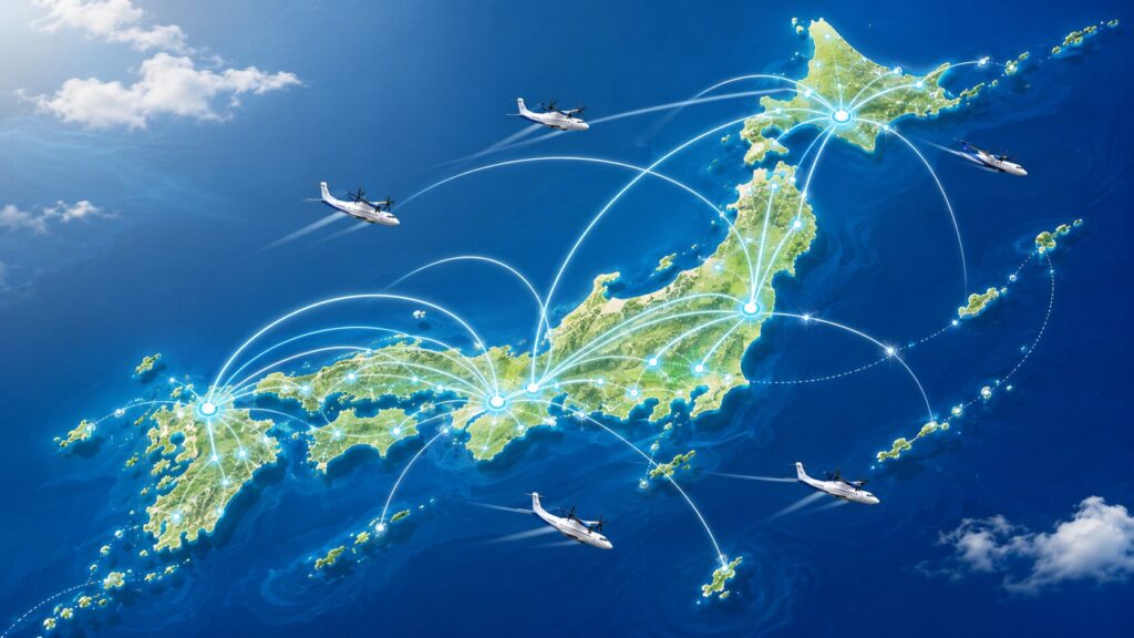 新千歳・伊丹・福岡・中部を結ぶANAのQ400プロペラ機路線図