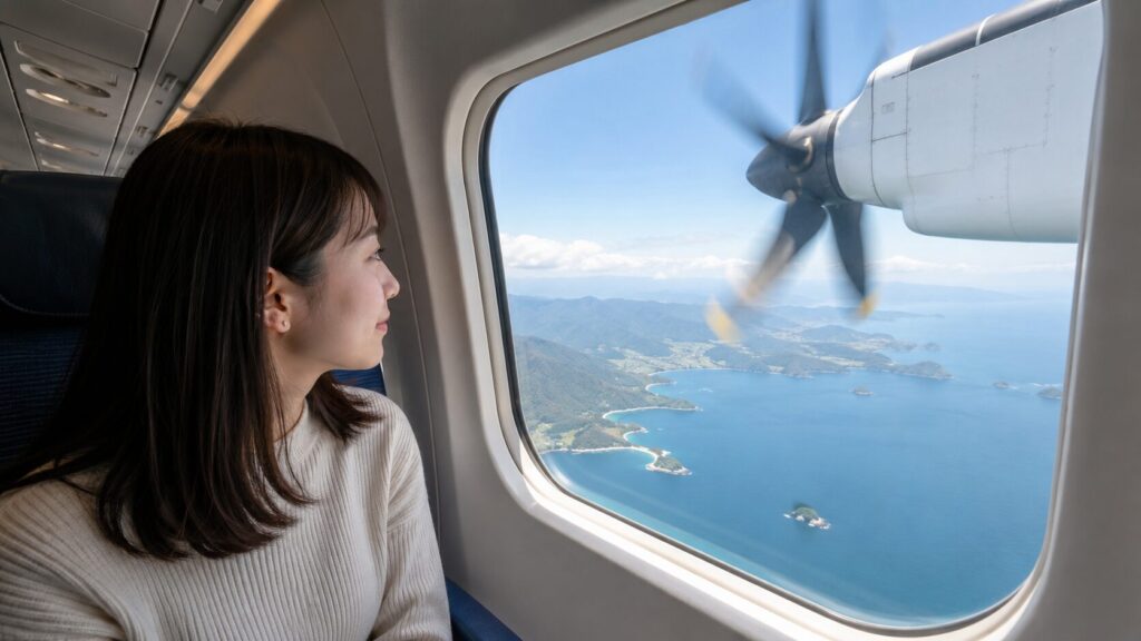 ANAプロペラ機Q400の前方窓側席から見える海岸線と景色