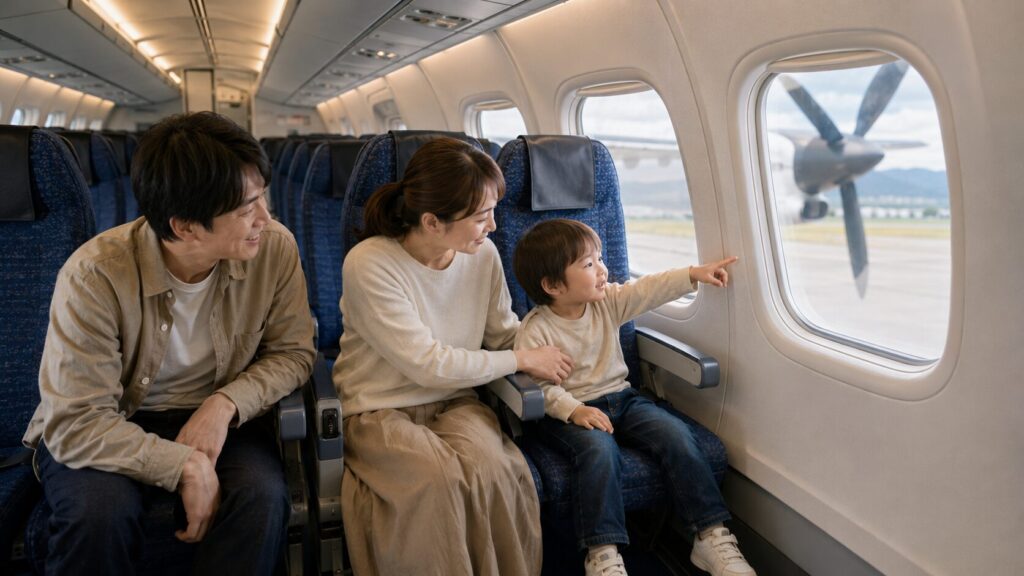 ANAプロペラ機Q400の前方窓側席を利用する子連れ家族