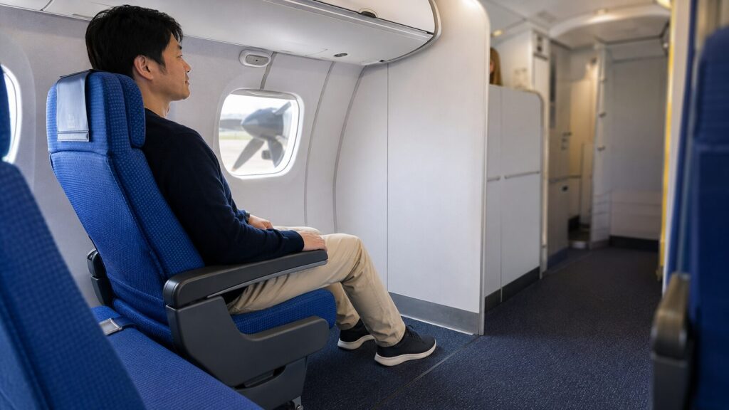 プロペラ旅客機機の足元が広い非常口座席でくつろぐ男性乗客
