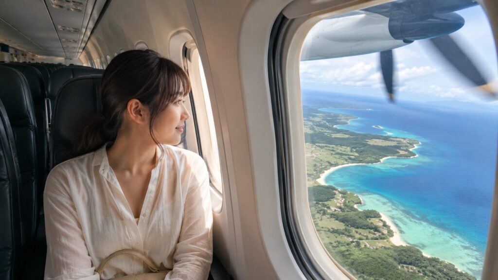 プロペラ機の窓側席から沖縄の青い海と離島を眺める日本人女性