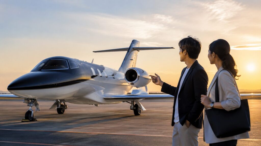朝焼けの空港で小型ビジネスジェットを眺める日本人ビジネスパーソン