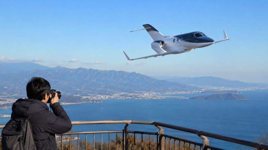 海岸上空を飛ぶ小型ビジネスジェットを撮影する航空ファン