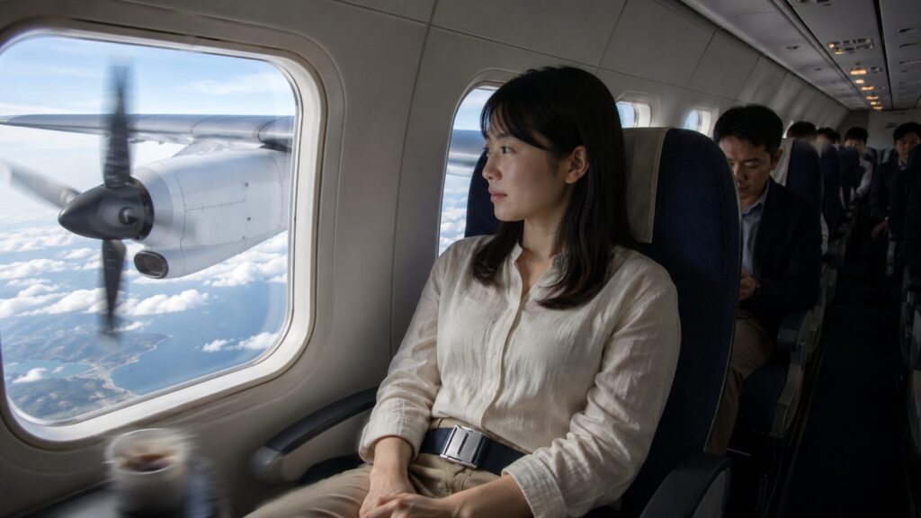 プロペラ旅客機の中央付近の座席でシートベルトを締める日本人乗客