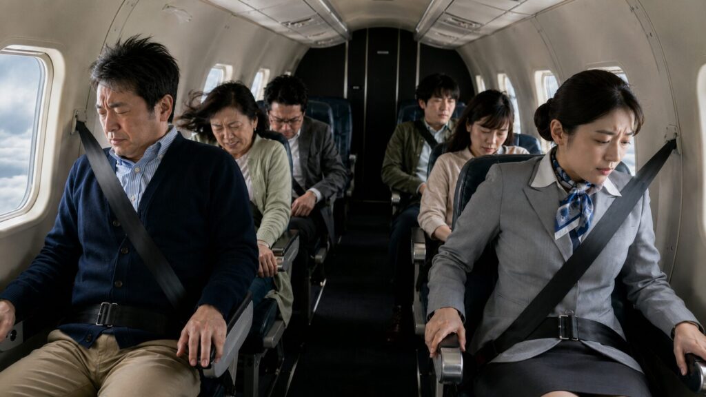 乱気流で揺れるプロペラ旅客機の機内でシートベルトを締める日本人乗客