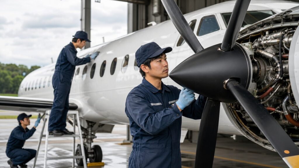 ターボプロップ旅客機のプロペラとエンジンを点検する日本人航空整備士