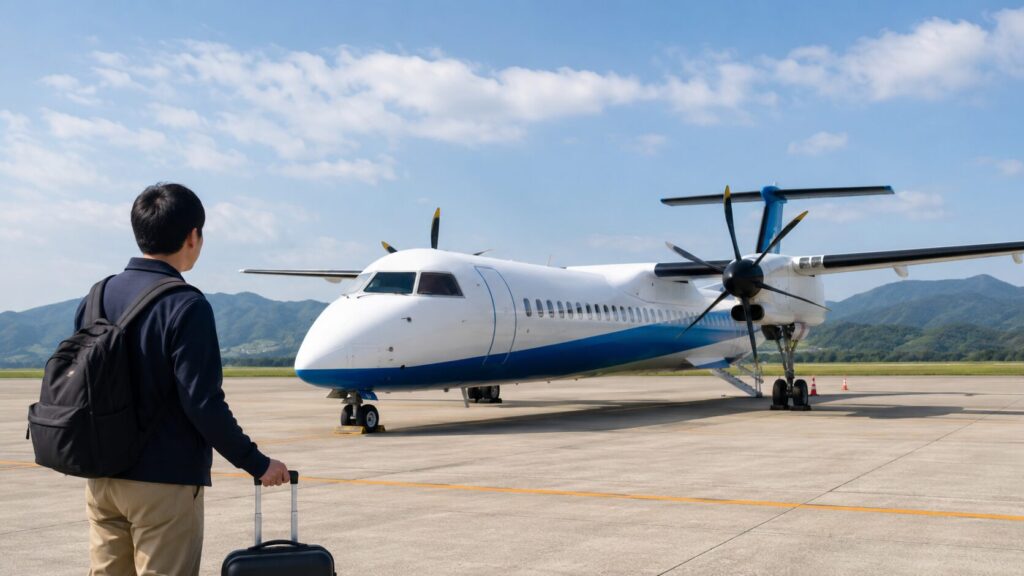 ANAのプロペラ機を空港で見つめる日本人旅行者