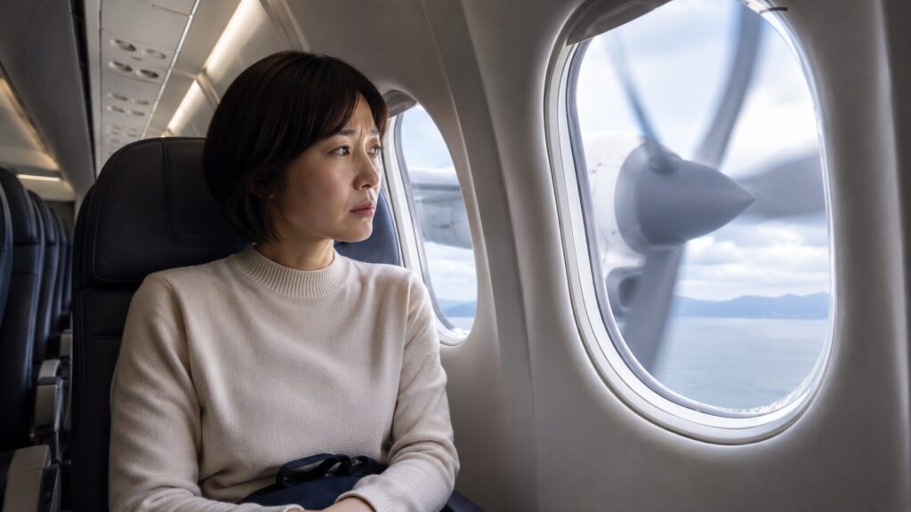 Q400の機内でプロペラを眺める不安そうな日本人乗客