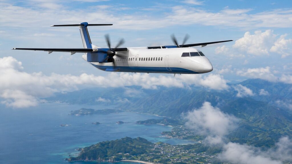 海岸と山岳地帯の上空を飛ぶQ400型プロペラ機