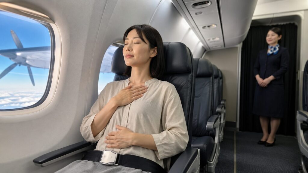 プロペラ機の座席で深呼吸して不安を和らげる日本人女性