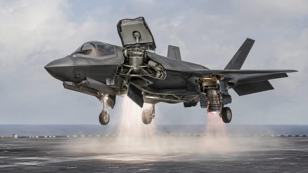 F-35Bのリフトファンと推力偏向ノズルによる垂直飛行の仕組み