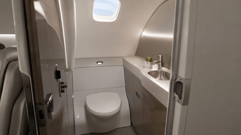 ホンダジェット風の機内にある個室トイレと洗面台付き化粧室