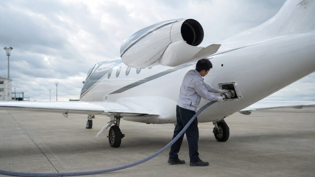 日本人整備士がホンダジェット風機体のトイレ給排水パネルを点検する様子