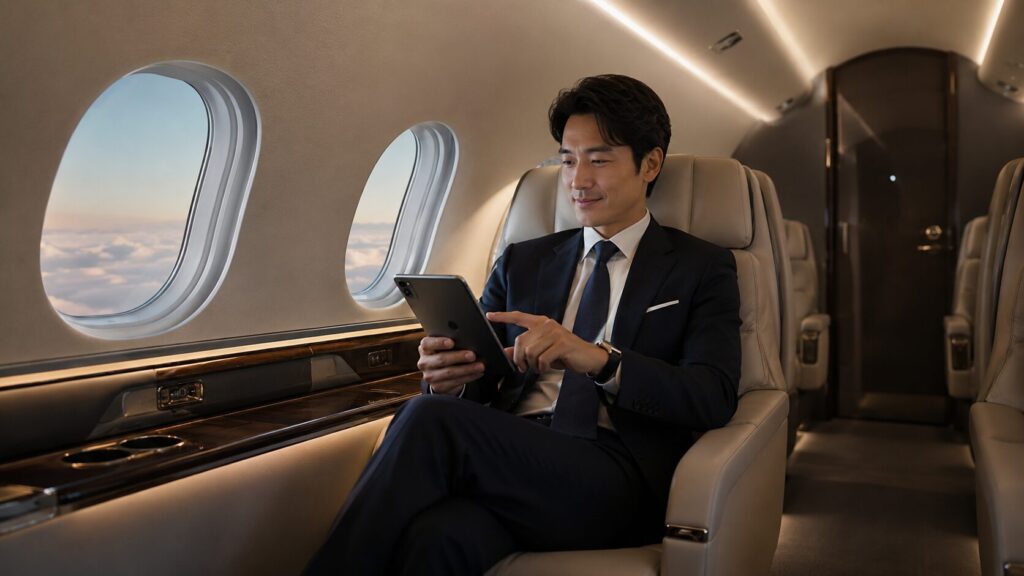 ホンダジェットの客室でタブレットを操作する日本人乗客とキャビン管理機能