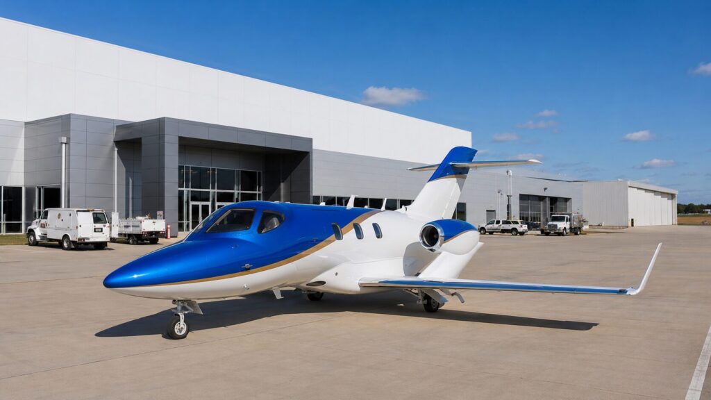 アメリカの航空機工場前に駐機する青と白の小型ビジネスジェット