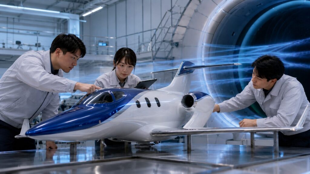 風洞試験施設で小型ジェット模型を検証する日本人エンジニア