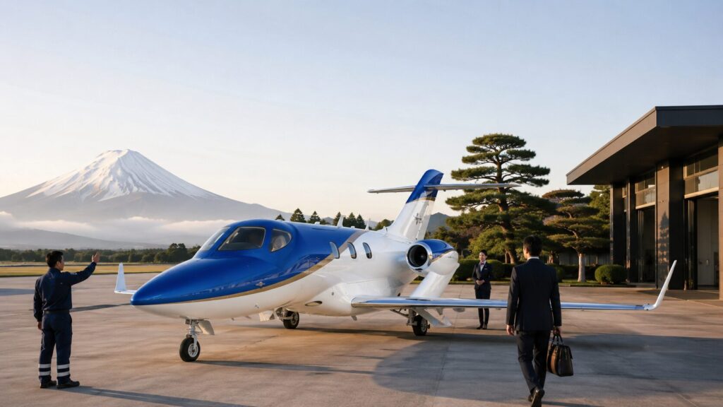 富士山を望む日本の空港に駐機するアメリカ製ホンダジェット型ビジネスジェット
