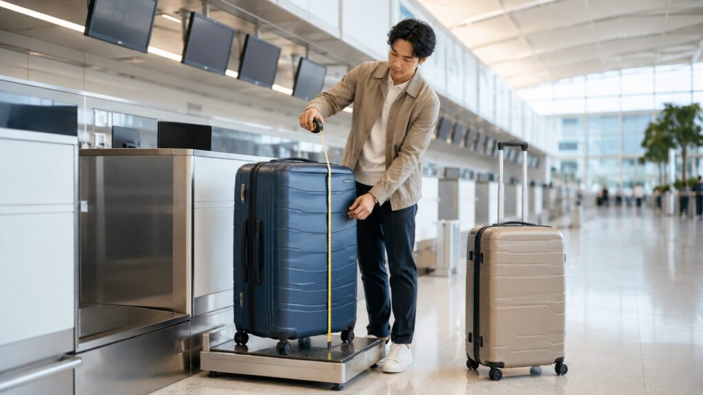 空港で預け荷物用スーツケースのサイズと重量を確認する日本人旅行者