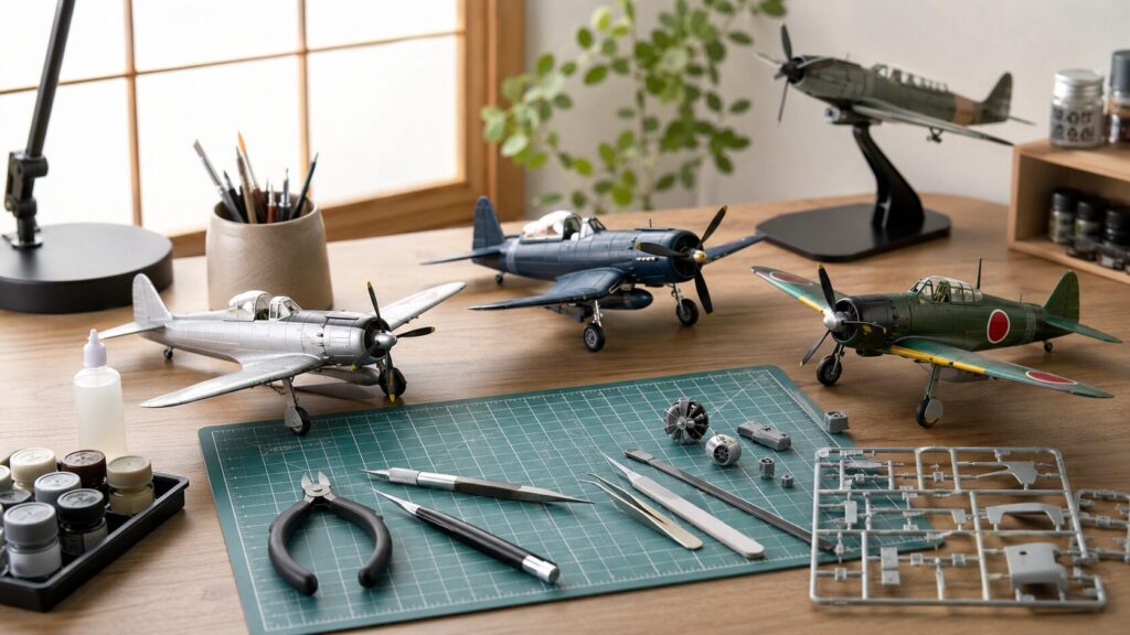 初心者向けプロペラ機プラモデルと基本工具を並べた製作机